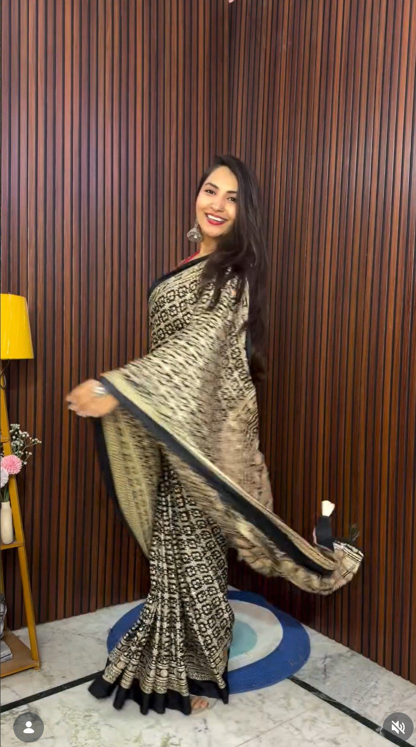 Black Ajarakh Crepe saree - Image 2