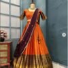 Orange Gadhwal Kanchi Pattu Checks Fully sticthed Lehanga