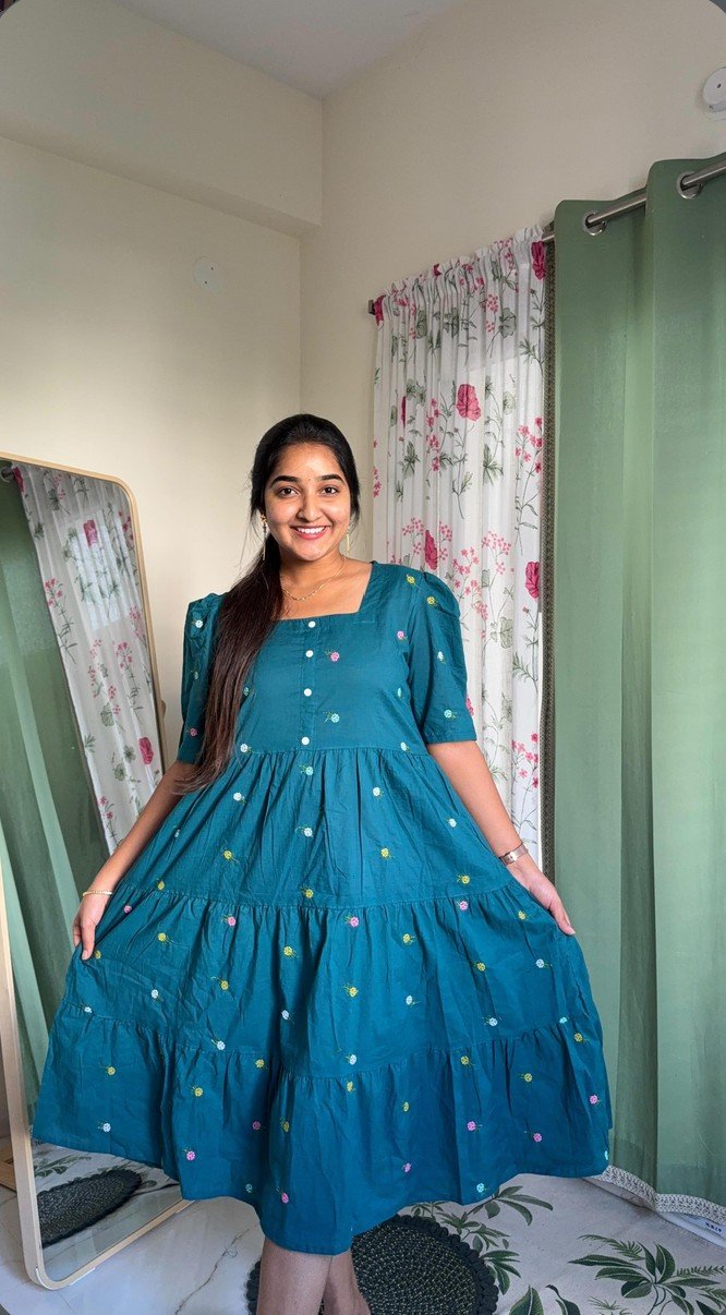 Peacock Blue Embroidery Cotton Frock