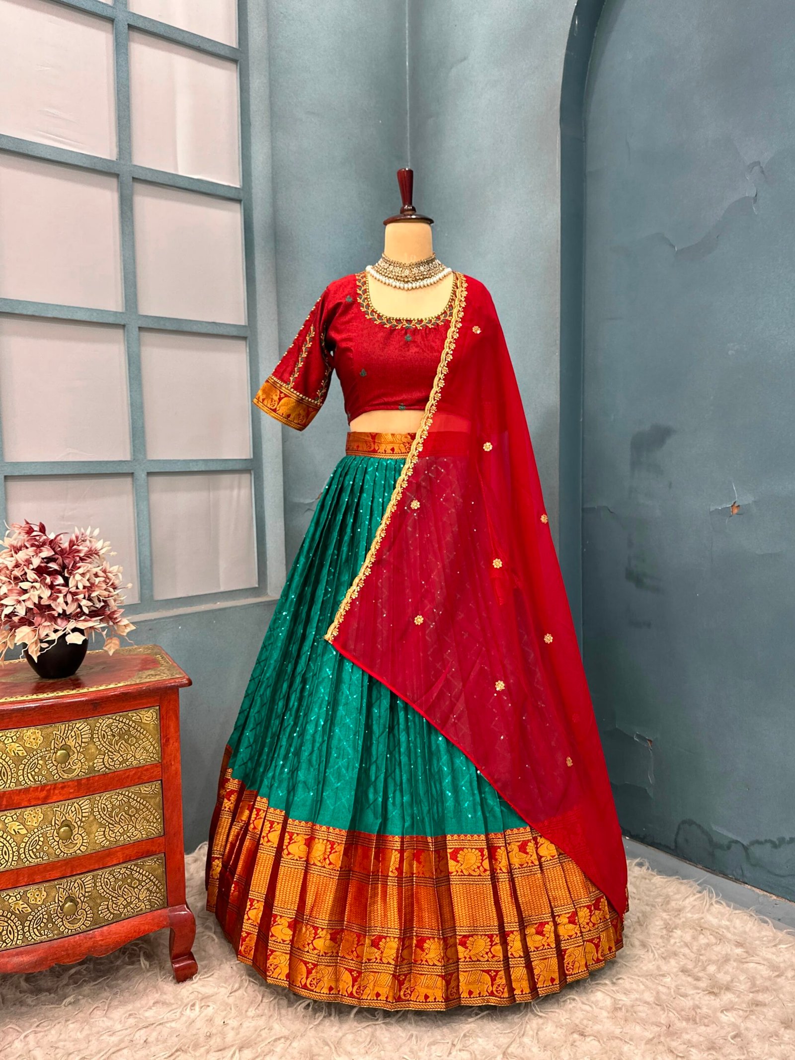Fully stitched Narayanpet Cotton With Designer Sequence Work Lehanga - Image 3