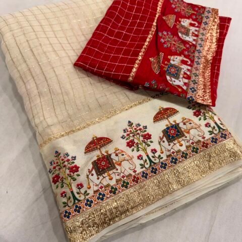 Viscose Georgette Chex 3D Digital Print Border With Running Blouse