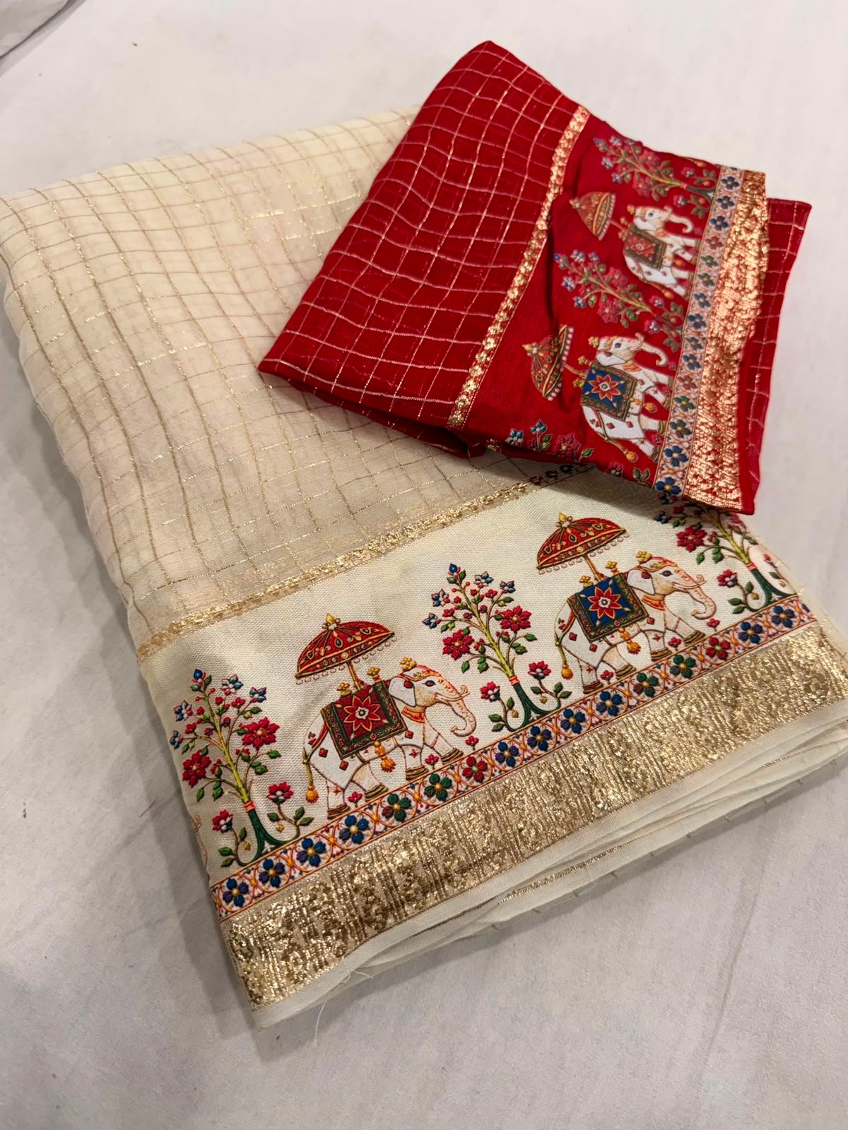 Viscose Georgette Chex 3D Digital Print Border With Running Blouse